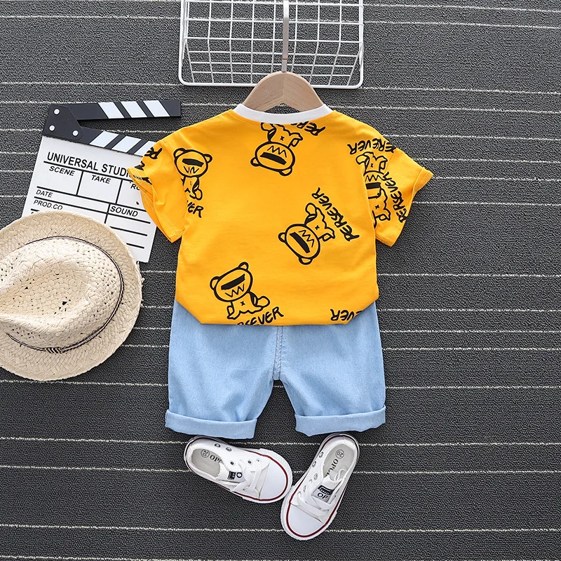 

0-4Years Infant Baby Boys Clothes Set Toddler Girls Cartoon Fully Print T-shirt +Denim Shorts Summer Outfits Kid Cotton Clothing
