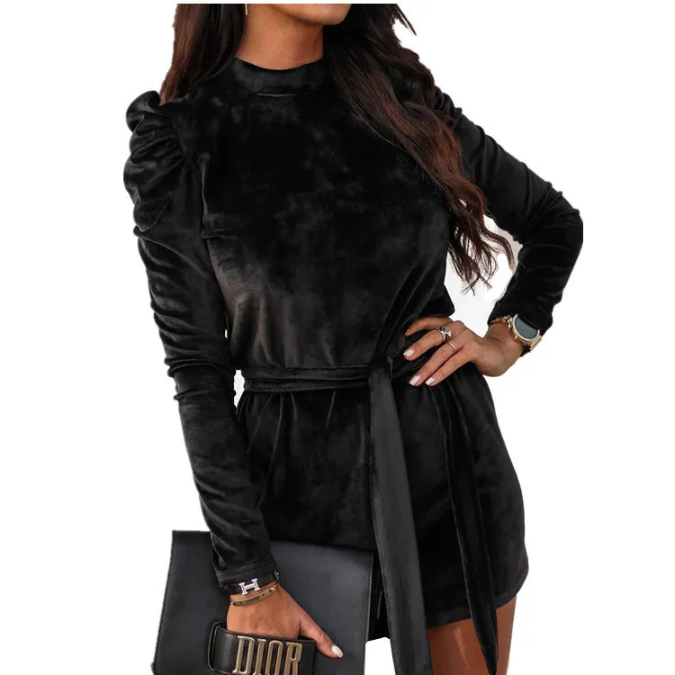 

Winter Long Puff Sleeve Velvet Dress For Women Autumn Casual Bodycon Office Dress Sashes Female Slim Solid Mini Party Vestidos