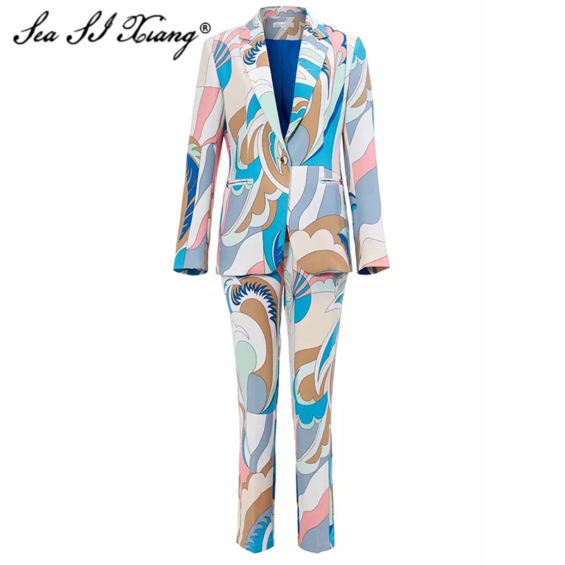 

Seasixiang Fashion Designer Spring Set Women's Long Sleeve Suit Tops + Trousers Abstract Print Office Lady Two-Piece Set