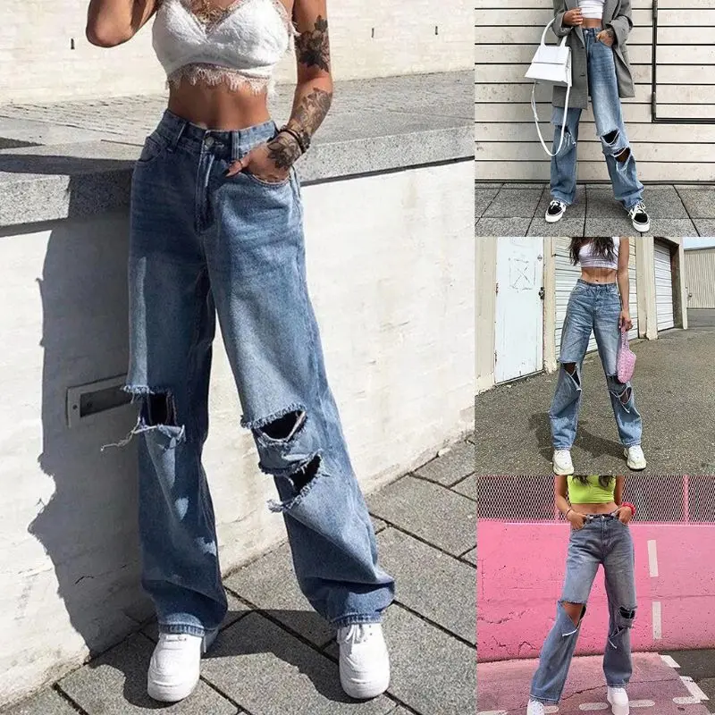 

Women High Waist Destroyed Flare Jeans Vintage Ripped Hole Wide Leg Denim Long Pants Harajuku Loose Baggy Trousers