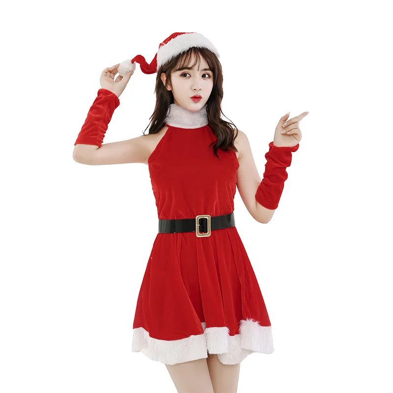 Рождественский костюм женский взрослый милый сексуальный красный бархатный