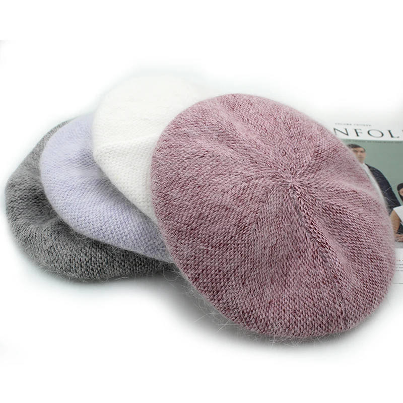 

[Onidfurow] Fashion New Women Angora rabbit Solid Color Beret Female Bonnet Caps Winter All Matched Warm Walking Hat with stars