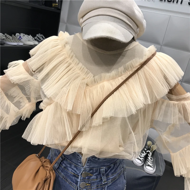 ALPHALMODA с длинным рукавом перспектива сексуальные женские осенние блузки с v-образным воротником гофрированные рукава Дамская мода шифоновый наряд рубашка