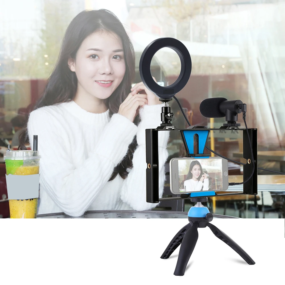 

Live Broadcast Cell Phone Video Rig 4.6 inch Ring LED Selfie Lamp Microphone Tripod Mount Cold Shoe Tripod Head for iPhone