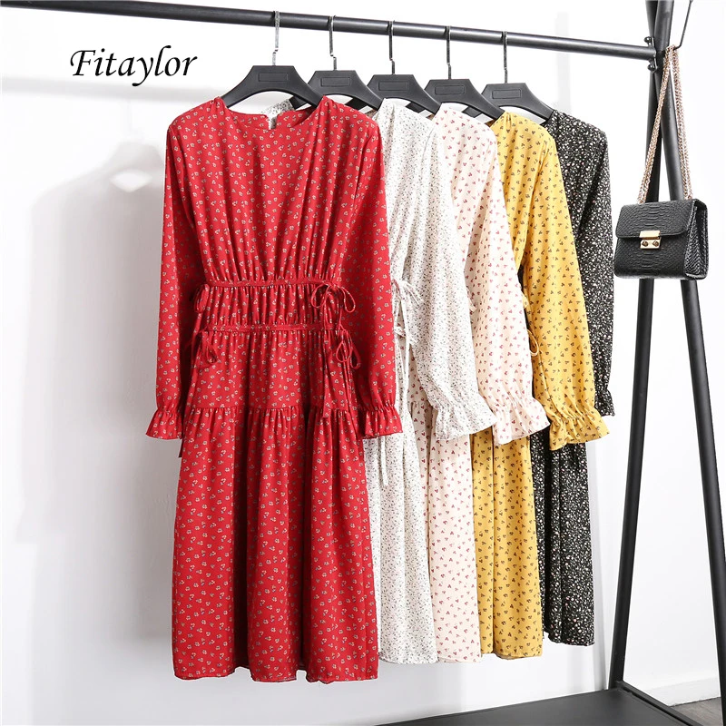 Женское винтажное длинное платье с цветочным принтом круглым вырезом и рукавом