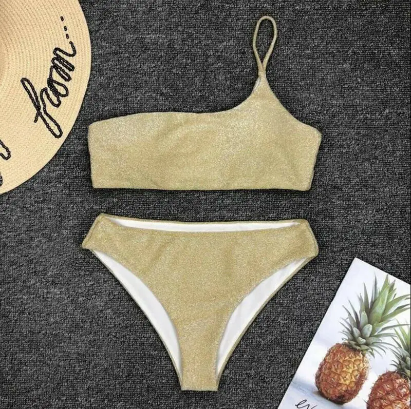 Лидер продаж 2020 Женский Блестящий бандажный золотой комплект бикини на одно