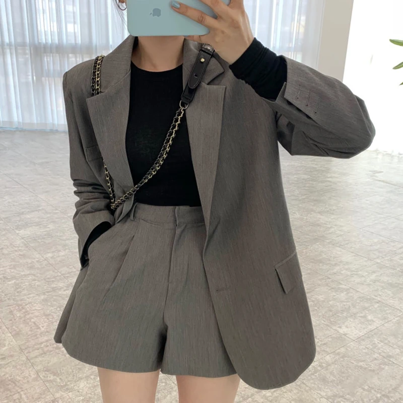 

Retro Office Lady Loose Grey Lapel Two Button Blazer Jacket High Waist Wide Leg Short Suits All-match Casual Black Sets Fashion