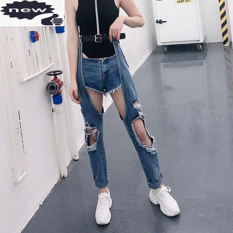

Spring Summer Big Hole Ripped Belt Jeans Woman Open Knee Casual Harem Trousers Student Fashion Hip Hop Streetwear Denim Pants