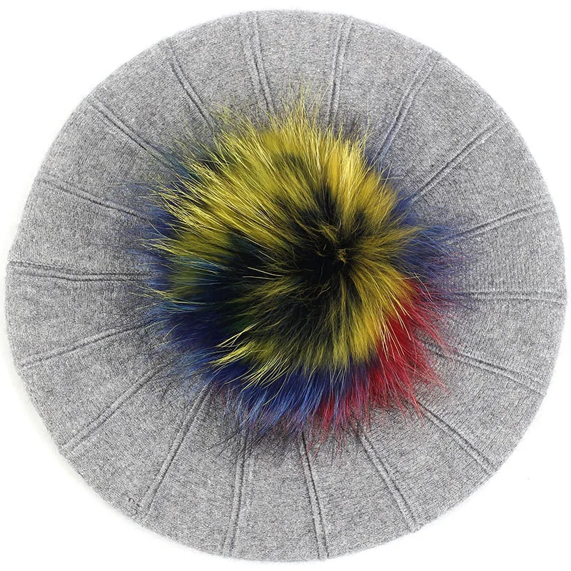 Geebro Women Fashion Wool Blend Beret with 15cm Real Fur Pompom Solid Color Slouchy Winter Hats Bonnet Caps for Girls Lady Hat