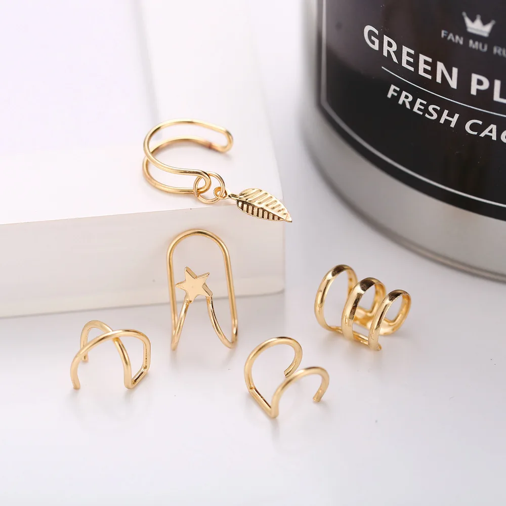 

2020 New Fashion 5Pcs/Set Gold Leaf Ear Cuff Clip Earrings for Women Climbers No Piercing Fake Cartilage 5g