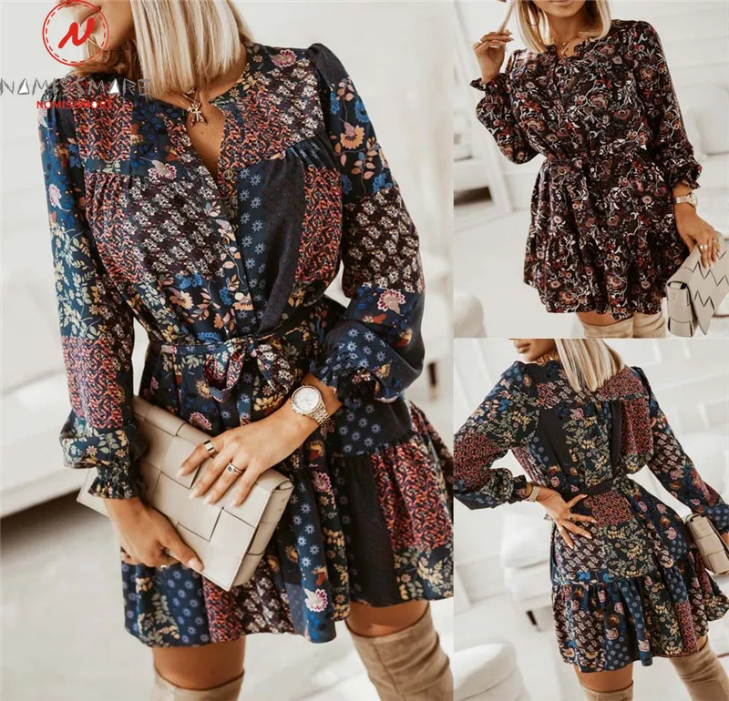 

Fashion Women Print A-Line Dress for Streetwear Single-Breasted Design Belt Decor O-Neck Mid Waist Long Sleeve Slim Mini Dress