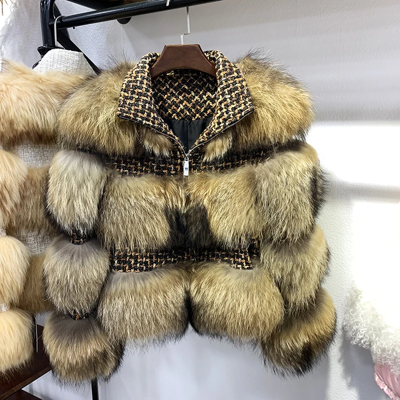 rf1930 Promotion Luxury Full Pelt Natural Raccoon Fur Striped Coat Women Zipper Long Sleeve Winter Real Fur Jacket
