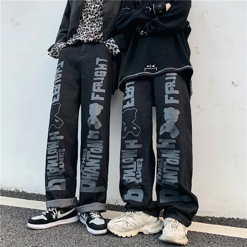 

The New Retro Front And Rear Printed Washed Jeans Ins Dark High Street Men And Women Loose Fashion Casual And Straight-Leg Pants