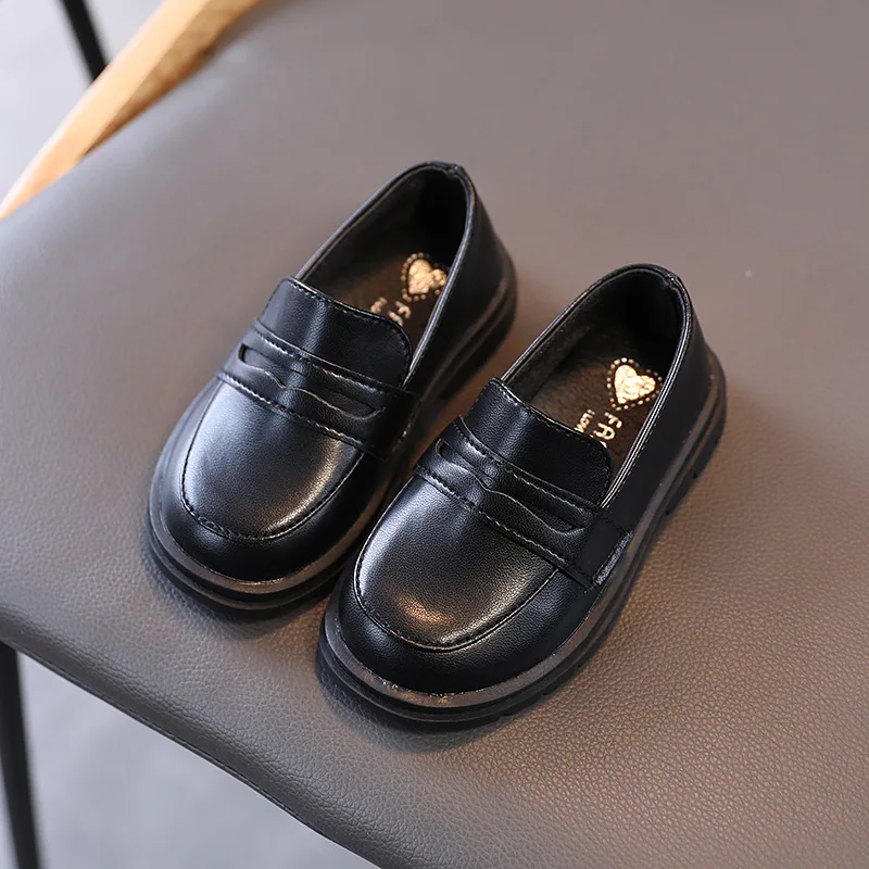 Zapatos brit&aacute;nicos de cuero para ni&ntilde;as y ni&ntilde;os, calzado sencillo de moda, color negro s&oacute;lido, informales, para la escuela, primavera y oto&ntilde;o, 2022-1