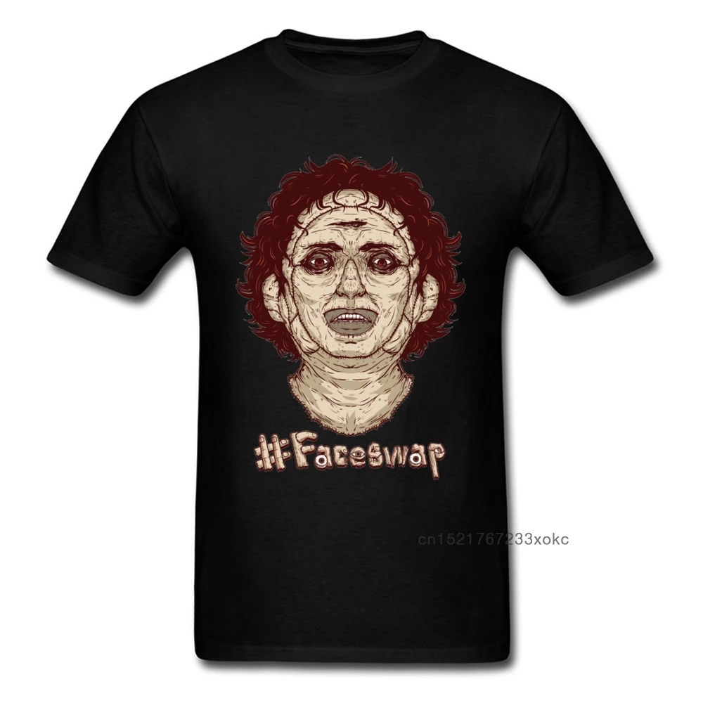 Мужская футболка с надписью Face Swap Crazy черная необычным персонажем вырезом