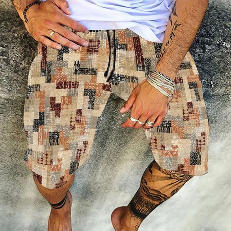 

Vintage Skull Print Shorts Men Cotton Linen Shorts Casual Loose Drawstring Beach Short Pant For Male Summer 2021