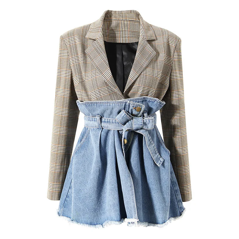 

SeeBeautiful Contrast Stitching Denim Waist Slim Fit Fake Two Coats Long Sleeve Button Women Spring 2022 New Fashion Q147
