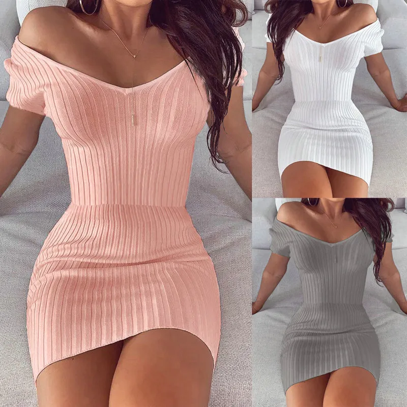 

2021 Summer Women's Sexy Club Off-shoulder Tight Dress White Knitted Sweater Sexy Temperament V-neck Solid Color Mini Dress