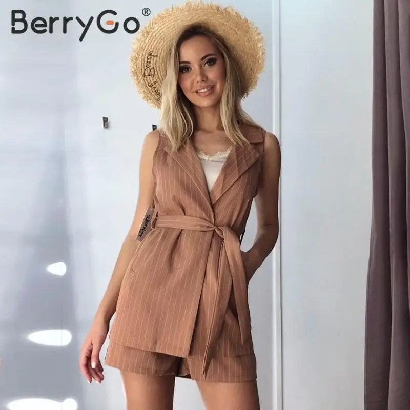 BerryGo Sleeveless two piece set women blazer vest Striped sash belt female suit outfit 2020 Spring summer shorts two-piece | Женская