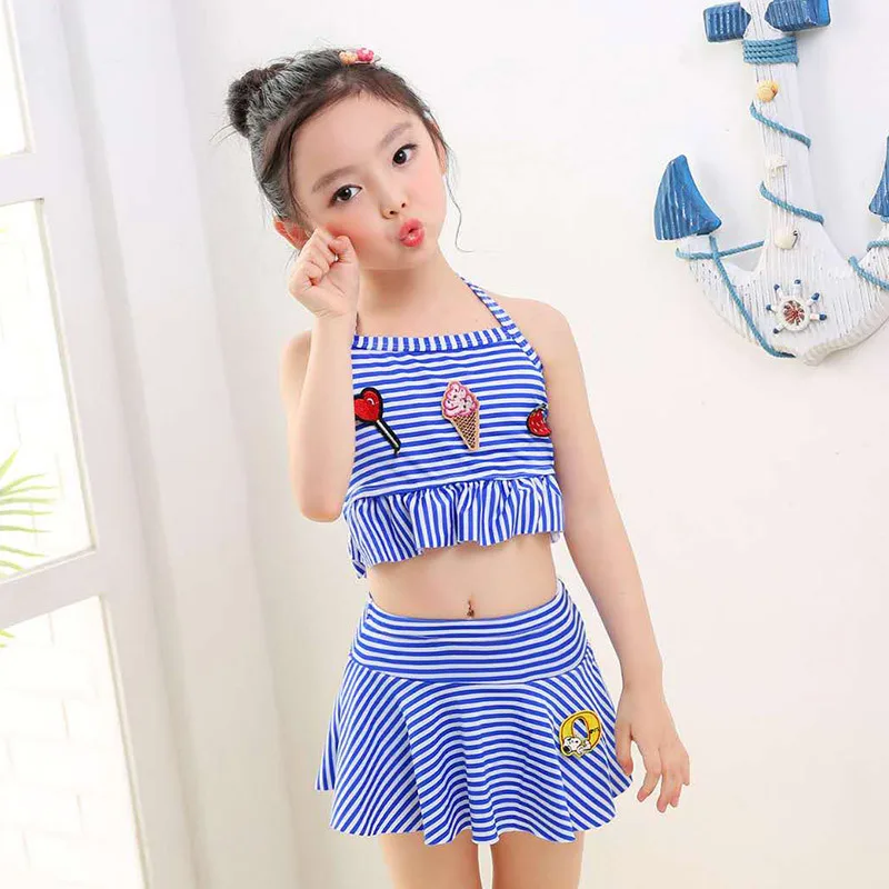 

Children's Swimsuits, Girls, Middle-aged Children's High-waist Cartoon Striped Princess Skirt Bikini Suit Girl Swimsuit Set
