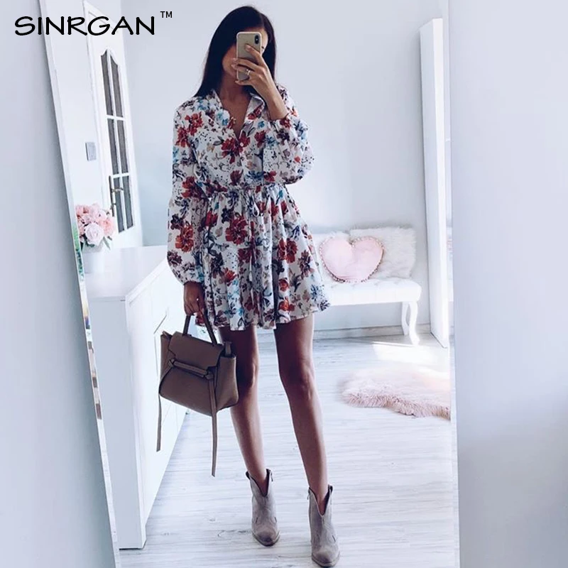 SINRGAN Женщины Цветочные Пояса Рубашки Платье Пляжные Дамы Свободные Короткие Корейские Платья Осень Талии Стритстайл