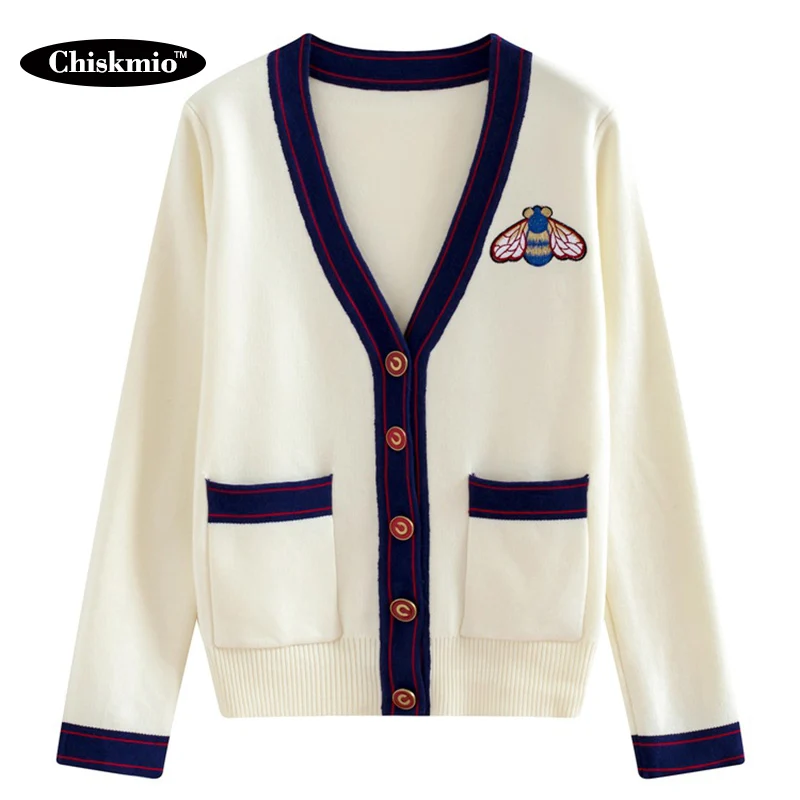 

V-Neck Buttons Cardigan Women Clothing Long-Sleeve Double Pocket Sweater Ladies Kintted Color Contrast Tops Slim Sweater Female