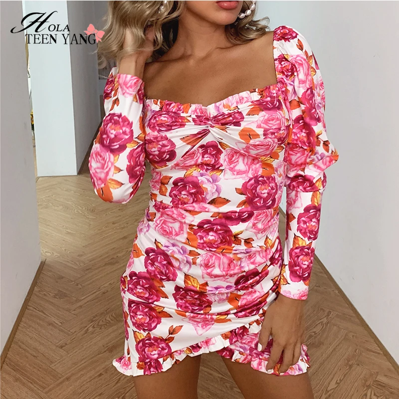 Женское винтажное облегающее мини-платье с цветочным принтом квадратным