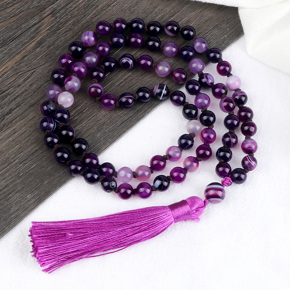 

8MM Luxury Purple Agate Wrist Bracelet Women Luxury Nautural Stone Tassel Pendant Necklace Prayer Meditation Bangle Jewelry Gift
