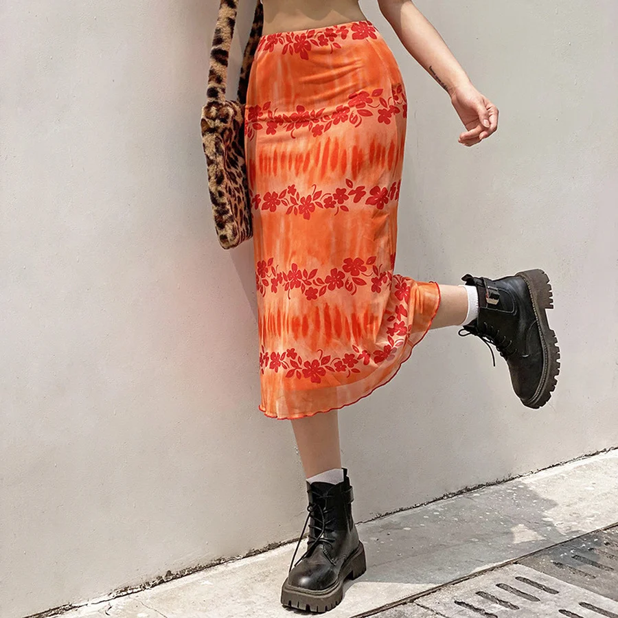 

Hot Sale Orange Floral Long Skirts y2k Summer Skirts Frill Sweet Cute Mid-Calf Skirts Women Beach Style Fashion Skirts Bottom