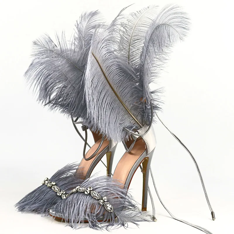 

US4-11 Womens Stilettos Heels Feathers Rhinestones Fur Crystal Lace Up Sandals Open Toe Pumps Luxury Shoes 7Colors Plus Sz C850
