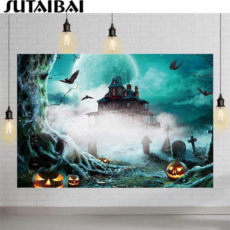 

Halloween Photo Backdrop Pumpkin lantern Scary Graveyard Castle Night Full Moon Photography Background Child Portrait Studio