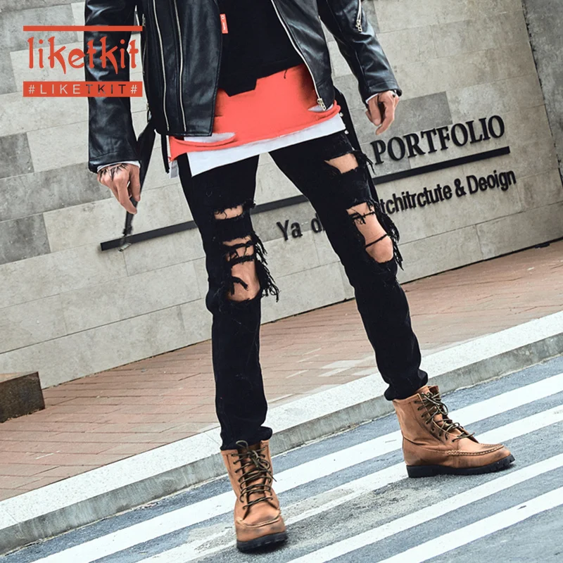 Liketkit новинка черные рваные джинсы мужские 2019 обтягивающие облегающие хип хоп