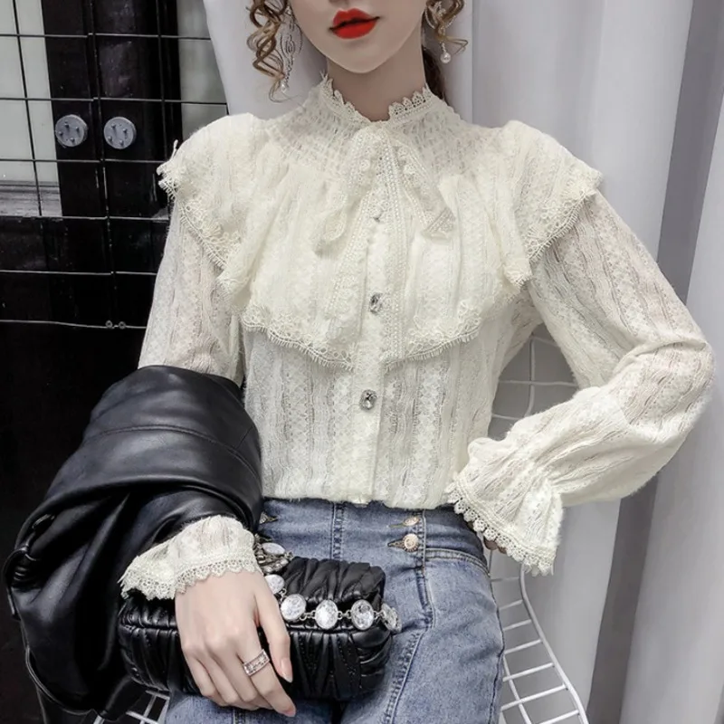 #2005 базовые Топы с воротником-бантом кружевные рубашки блузка Женская винтажная