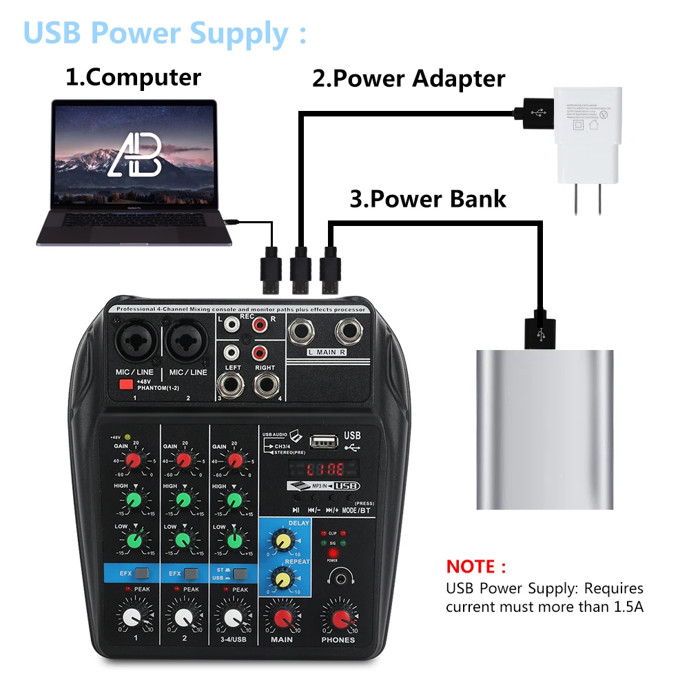 4-канальный аудиомикшер A4 звуковая микшерная консоль с Bluetooth USB-записью 48 В