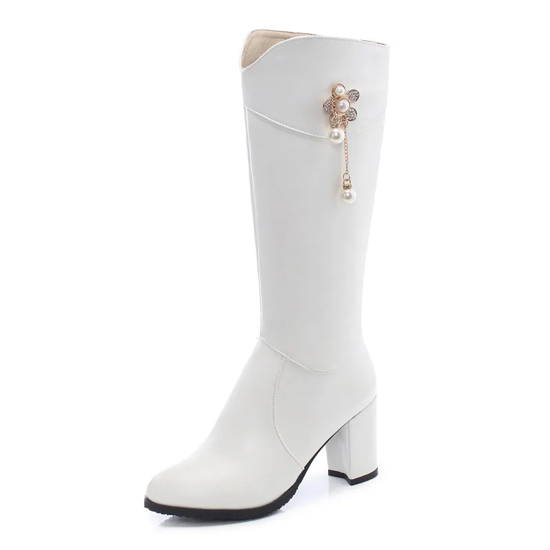 Женские сапоги до колена на молнии с круглым носком высоком блочном