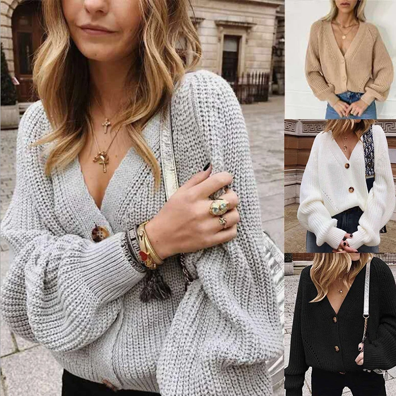 

Bigsweety Women Solid Cardigans Autumn Casual Batwing Sleeve Knitted Sweater Fashion V-Neck Button Knitwear Outwear 5 Color