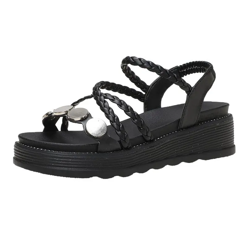 

2021 Summer Women's Shoes Sandals Slip-On Solid Round Toe Fashion Leisure Sweet Med Heels Flat Beach Platform Shoes