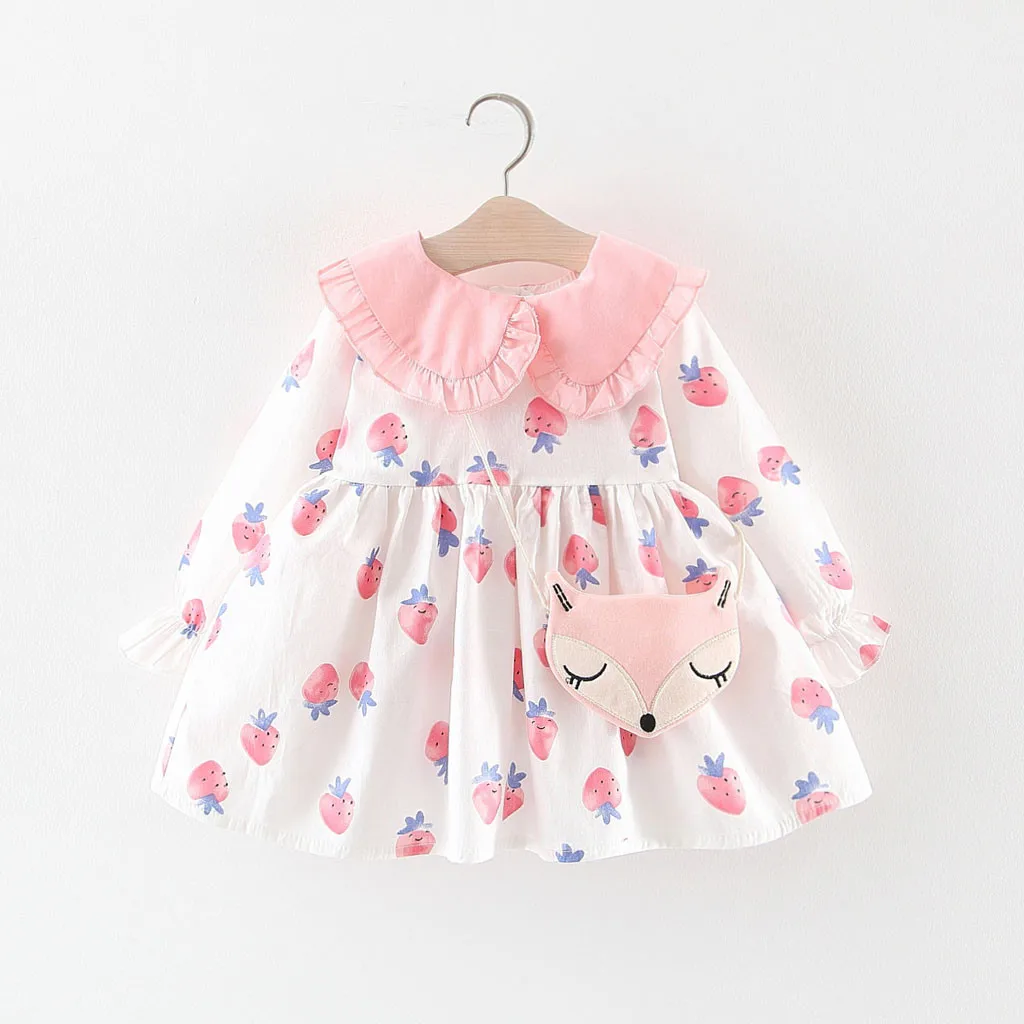 

Autumn New Fashion Toddler Baby Kids Girls Ruffles Doll Collar Print Cute Dresses Casual Clothes+Bag Wholesale Free Ship Z4