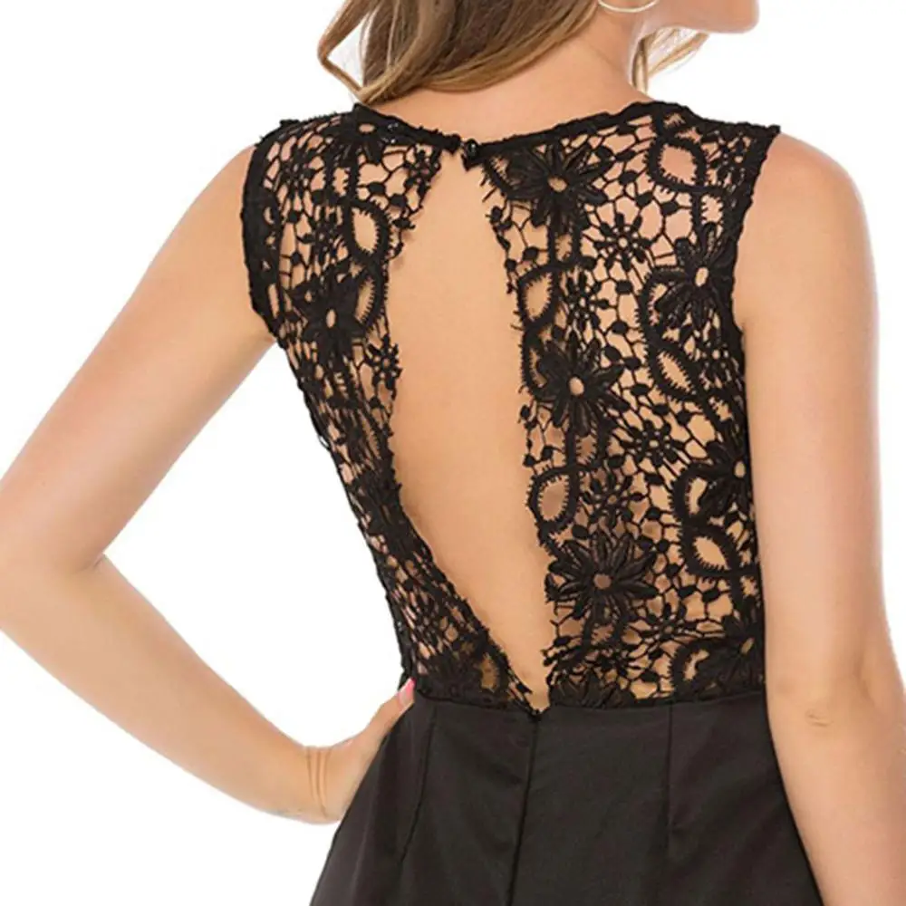 Женский кружевной комбинезон без рукавов повседневный однотонный с круглым