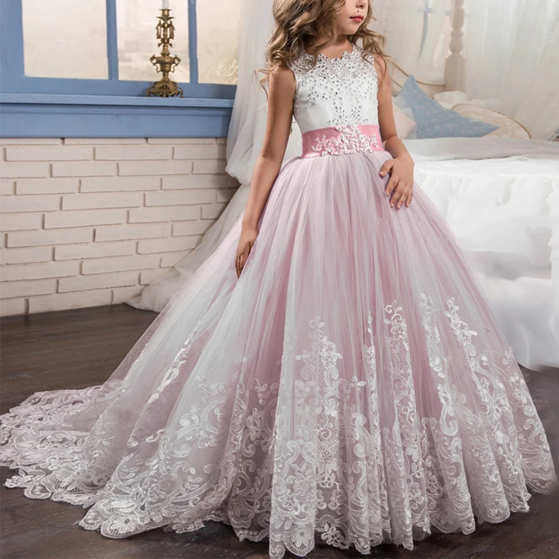 Pale Pink Винтажное платье принцессы на свадьбу; платья подружки невесты для детей; платье для первого причастия; праздничное платье для девочек; пышные Длинные платья со шлейфом для девочек - Цвет: Pale Pink