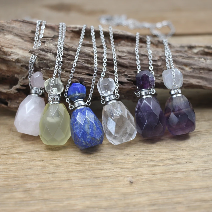 

Silvery Necklace Faceted Fluorite Perfume Bottle Pendant Fashion Women Stone Gem Essential Oil Vial Charms Chains Jewelry QC1092