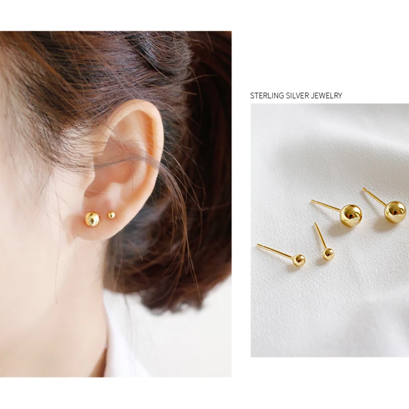 AsinLove 18K Золотые круглые бусины серьги-гвоздики минимализм с рельефным рисунком
