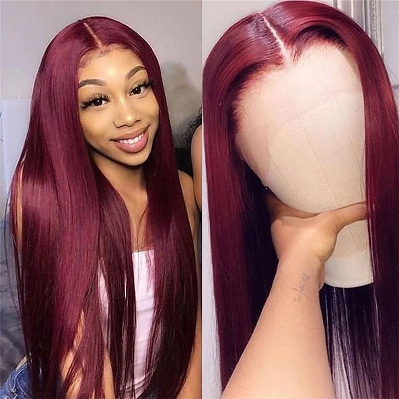 

Peruvian Straight Hair Wigs 99J Lace Front Human Hair Wigs Pre Plucked Burgundy Red 13*1 Lace Part Wig Pinshair Remy 150 Density