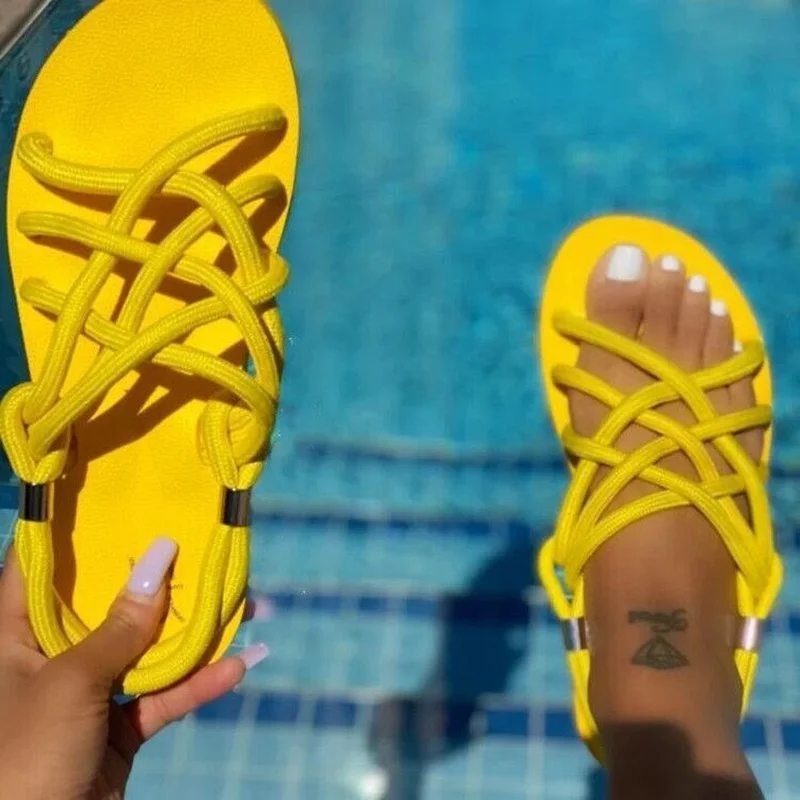 

Women's Sandals 2021 Summer New Fashion All-match Hemp Rope Set Feet Soft Women's Shoes Light Yellow Breathable Flat Beach Shoes