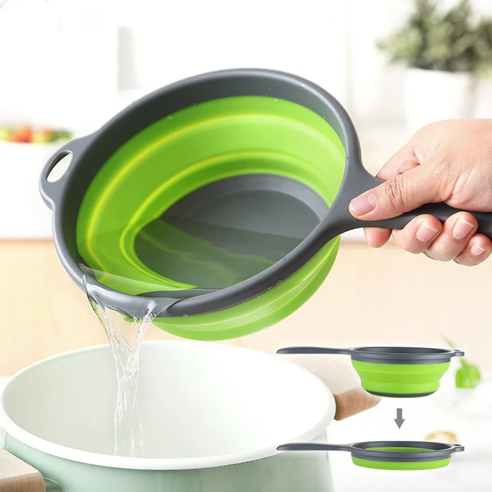 

Silicone Collapsible Kitchen Water Scoop with Extendable Handle Sink Folding Basket
