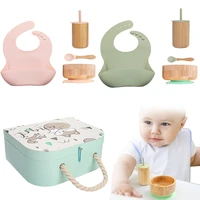 4pcs baby feeding tools bamboo wooden spoon bowls cup tableware stuff set food grade silicone toddler bibs gifts for kid
