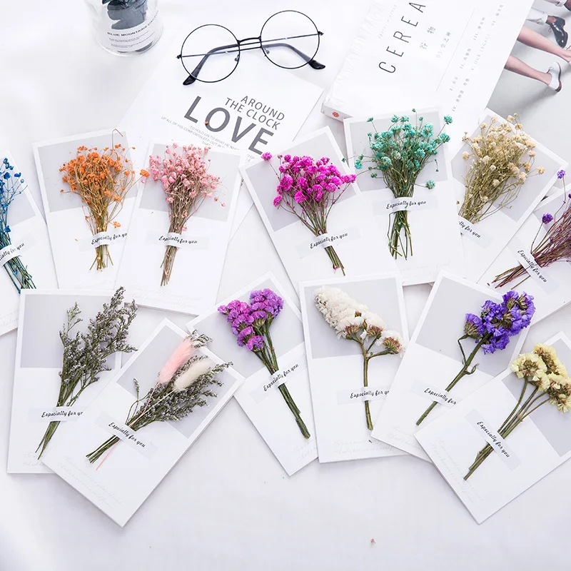 

10pcs A Gift Card Wedding Invitations Greeting Cards Gypsophila Dried Flowers Handwritten Blessing Birthday Thank You Envelope