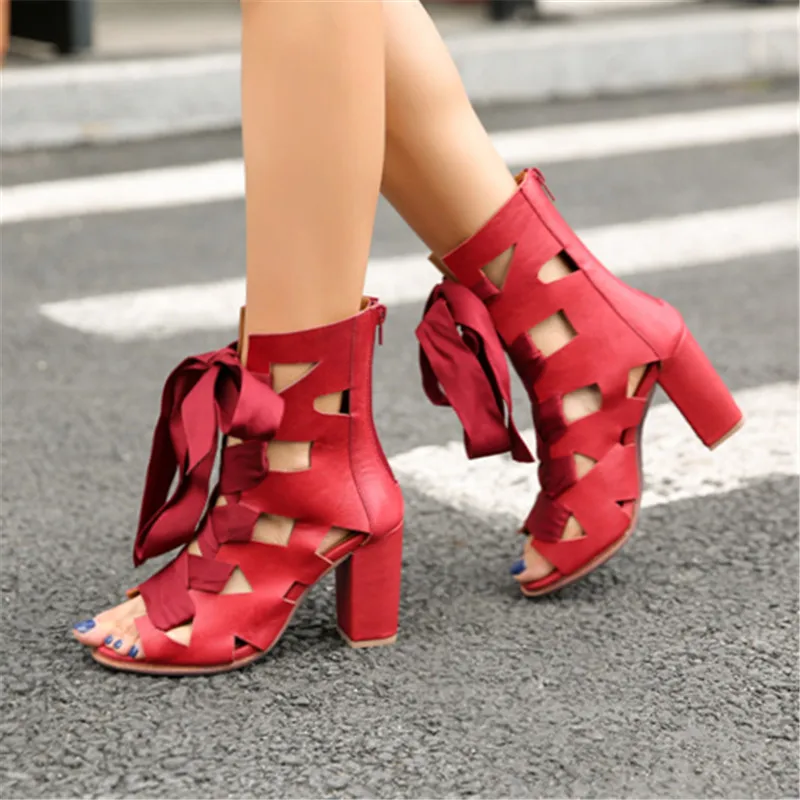 

Sexy Red Hollow Out Gladiator Sandals Peep Toe Women Summer Boots Chunky High Heels Lace-up Women Pumps Stiletto Genuine Leather