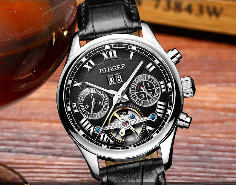 Швейцарские Бингер мужские часы люксовый бренд Tourbillon сапфир светящиеся несколько функций механические наручные часы B8602-7