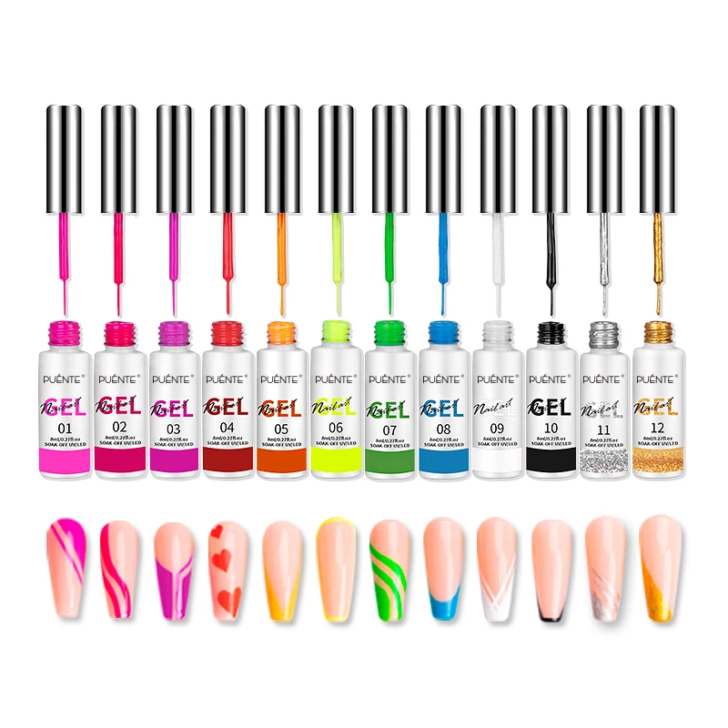 

PUENTE 8ml Nail Art Gel 12 Colors Painting Gel Soak Off UV LED Gel Nail Polish Manicure Tools DIY Drawing Decoration Varnishes